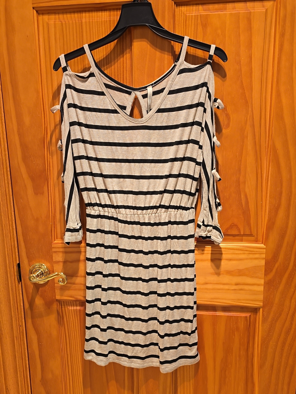 Paper Crane Gray and Black Striped Cold-Shoulder Mini Dress